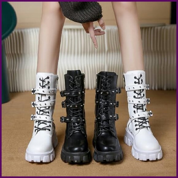 Women's Platform Combat Boots Chunky Heel Side Zip Lace Up Punk Ankle Booties - Picture 7 of 7